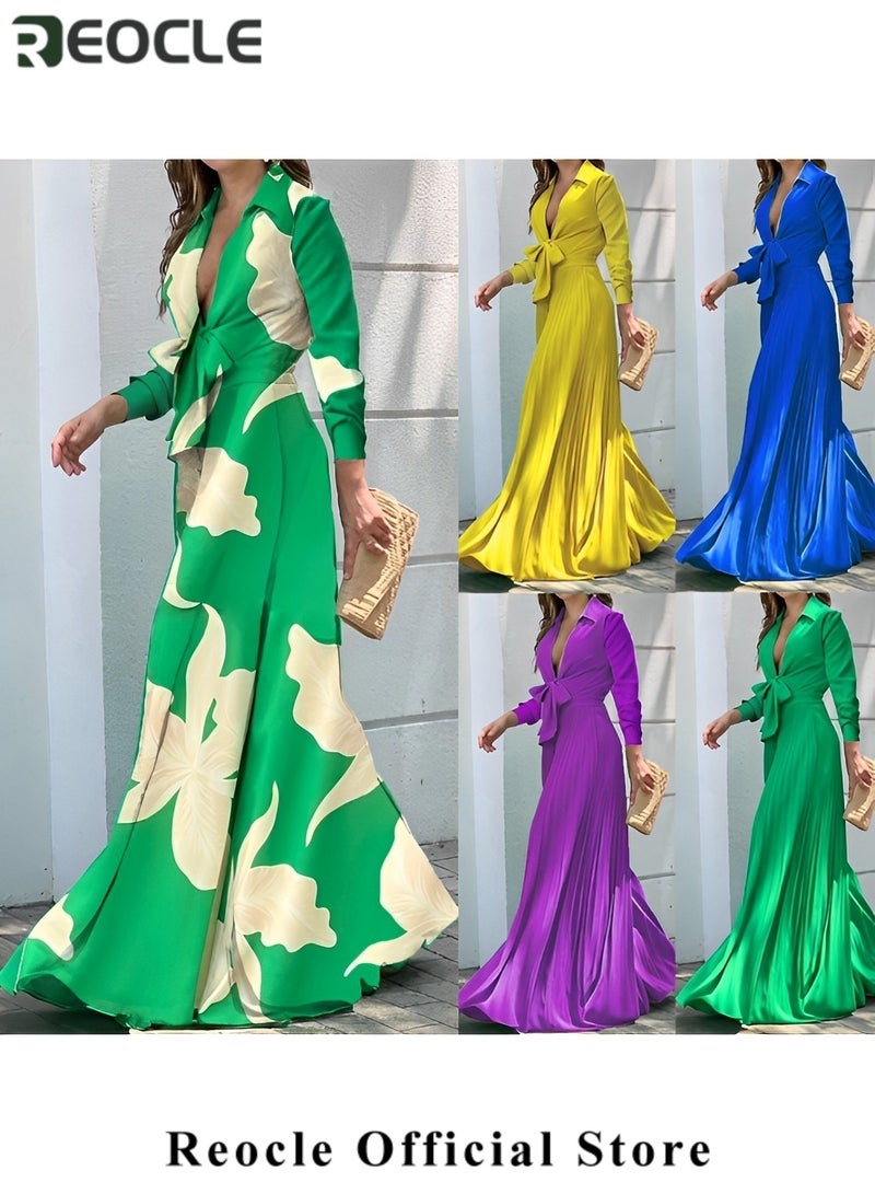 REOCLE Fashionable Wide-leg Jumpsuit  V-neck Long-sleeved Lapel Printed Jumpsuit for Women With Waist Design & Wide Swing Modify the Leg Shape - Image 3