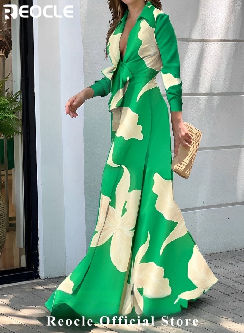 REOCLE Fashionable Wide-leg Jumpsuit  V-neck Long-sleeved Lapel Printed Jumpsuit for Women With Waist Design & Wide Swing Modify the Leg Shape - Image 2