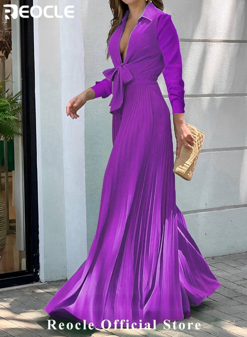 REOCLE Fashionable Wide-leg Jumpsuit  V-neck Long-sleeved Lapel Printed Jumpsuit for Women With Waist Design & Wide Swing Modify the Leg Shape - Image 4