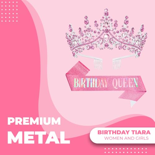 Papoopy Birthday Tiara Crown with Sash for Women, Headband Hair Accessories for Wedding Party Costume Pink - Image 2