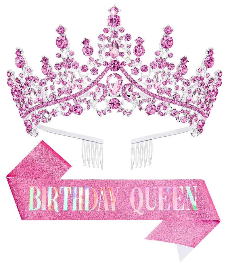 Papoopy Birthday Tiara Crown with Sash for Women, Headband Hair Accessories for Wedding Party Costume Pink - Image 1