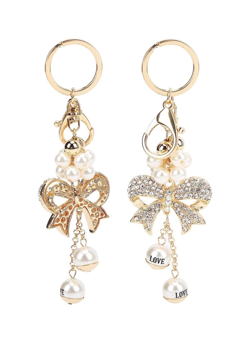 Zikra Rhinestone Bowknot Keychain,  Pearl Key Ring Charm Pendant Hanging Decoration for Women Girl, Wallets Backpack Bow Keyring Sparkle Keychain, Metal Exquisite Pearl Rhinestone, 2PCS - Image 1