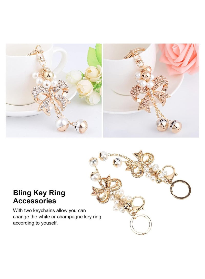 Zikra Rhinestone Bowknot Keychain,  Pearl Key Ring Charm Pendant Hanging Decoration for Women Girl, Wallets Backpack Bow Keyring Sparkle Keychain, Metal Exquisite Pearl Rhinestone, 2PCS - Image 2