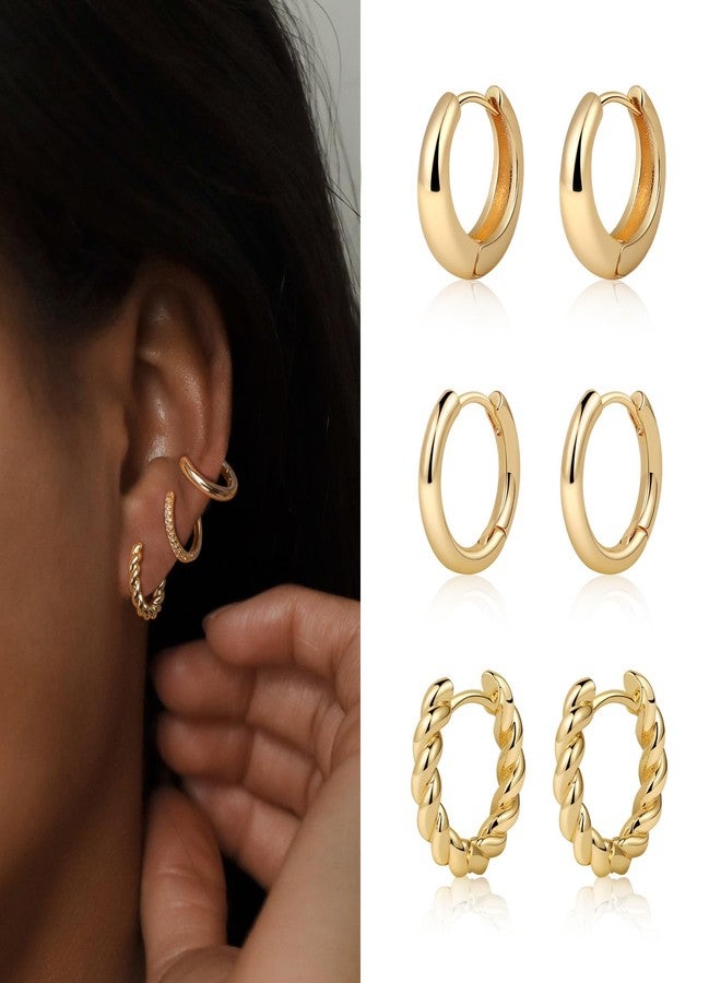 MIDEEO Gold/Sliver Chunky Hoop Earrings Set for Women, 14K Gold Plated Twisted Huggie Hoop Earring Hypoallergenic Thick Open Lightweight Chunky Hoop Earrings Jewelry for Gifts, 15mm, Brass, No - Image 3