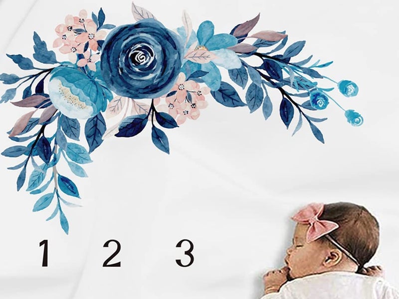 ROITIX Monthly Milstone Blankets Soft Floral Memory Blankets Girls Boys Cute Photo Background Blankets White (Blue Flower) - Image 3