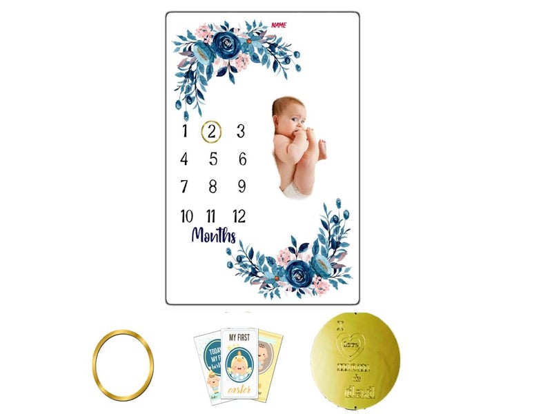 ROITIX Monthly Milstone Blankets Soft Floral Memory Blankets Girls Boys Cute Photo Background Blankets White (Blue Flower) - Image 1
