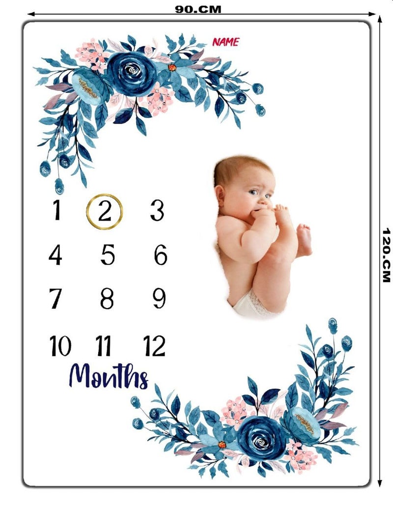 ROITIX Monthly Milstone Blankets Soft Floral Memory Blankets Girls Boys Cute Photo Background Blankets White (Blue Flower) - Image 2