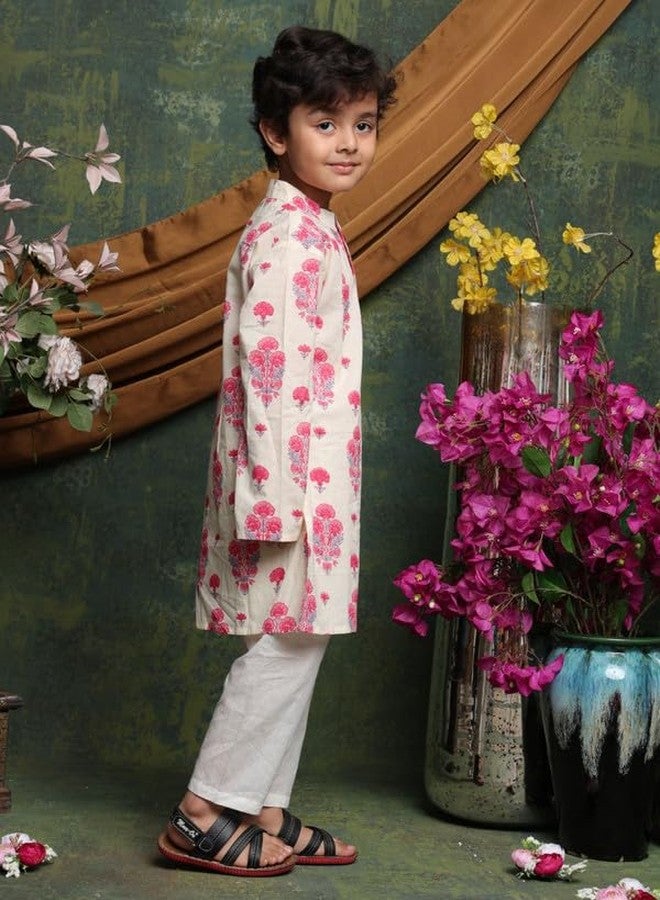 Saka Designs Boys Floral Printed Kurta and Pajama Set | Red & White - 4-5years - Image 3