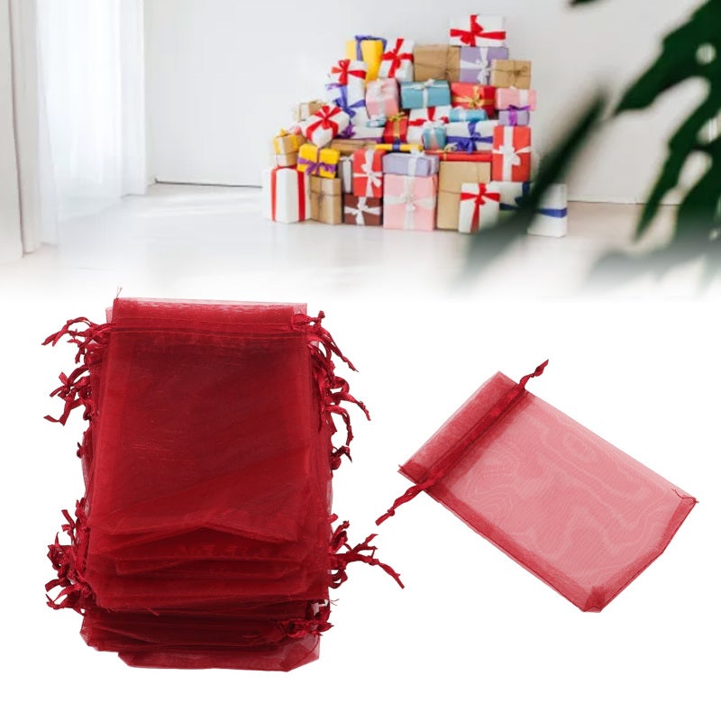 100PCS Organza Bags 10x15cm Transparent Drawstring Gift Bags Mesh Portable Jewelry Bags Jewelry Bags Drawstring for Wedding Red - Image 3