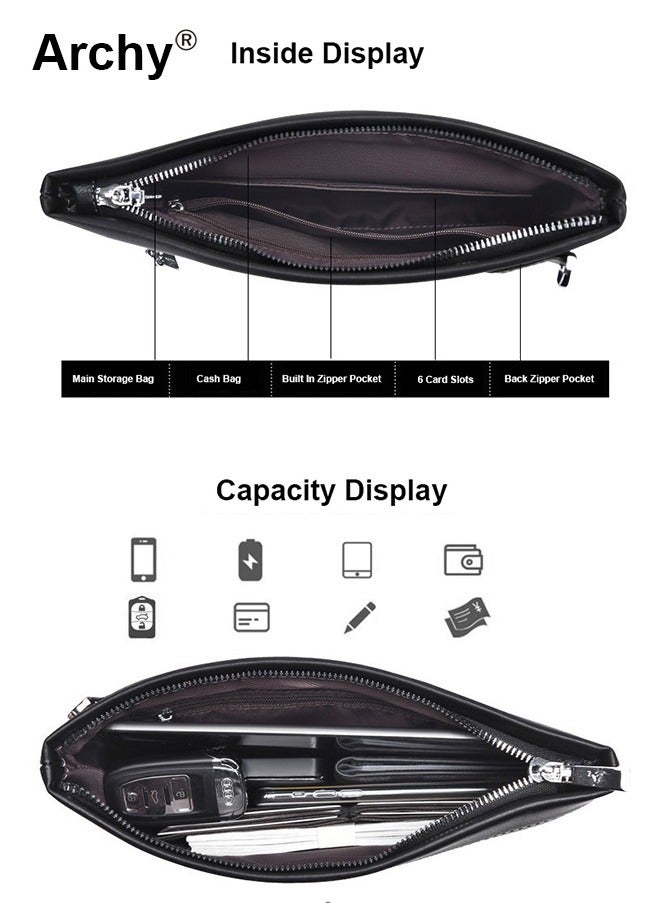 Archy Gentleman Leather Clutch Bag for Men Multiple Pockets and Card Slot Smooth Zipper Large Wallet Card Holder - Image 4