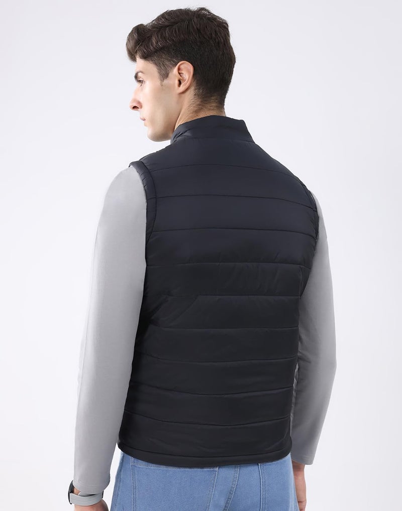 ROCKIT ROCK.IT From House Of Monte Carlo Men's Regular Fit Jacket | Solid Pattern | Zip Closure with Sleeveless Mock Neck | Lightweight Zip Vest for Men Black & White XL (Pack Of 1) - Image 5