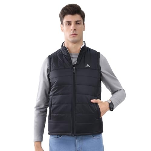 ROCKIT ROCK.IT From House Of Monte Carlo Men's Regular Fit Jacket | Solid Pattern | Zip Closure with Sleeveless Mock Neck | Lightweight Zip Vest for Men Black & White XL (Pack Of 1) - Image 1