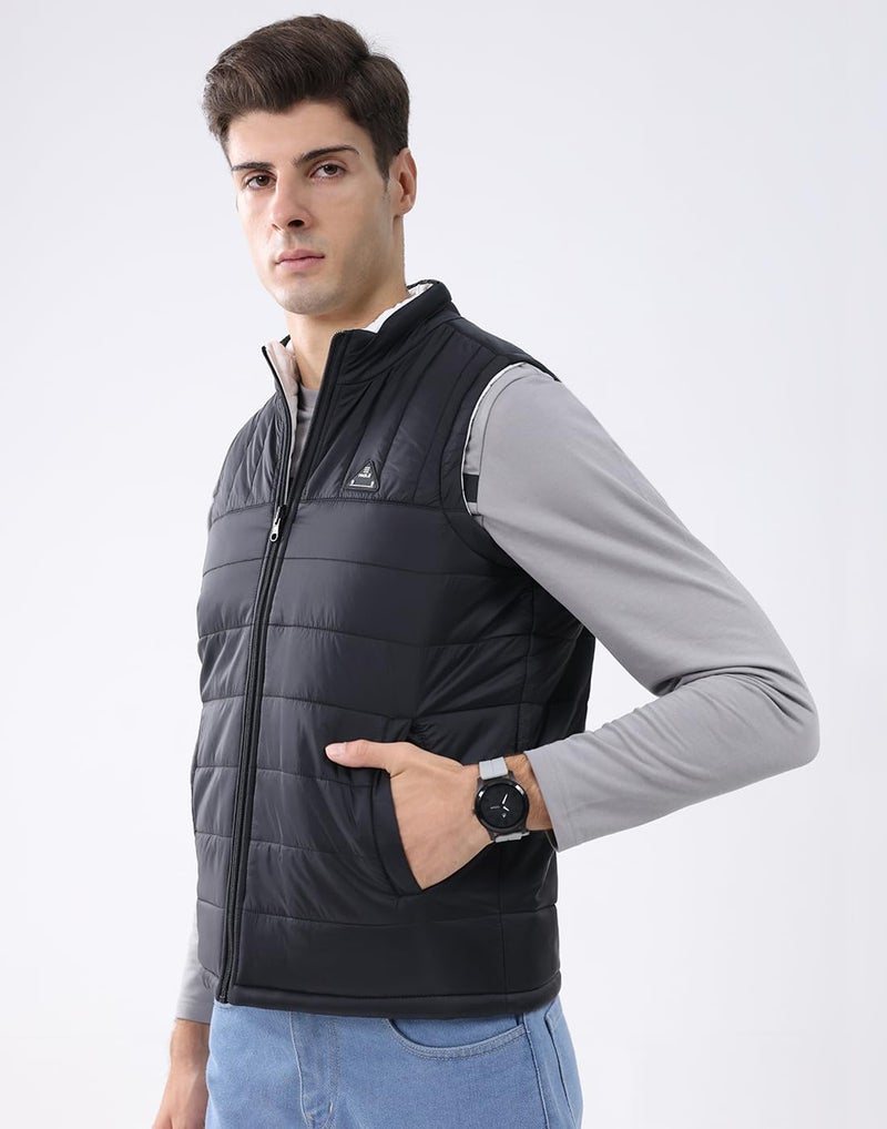 ROCKIT ROCK.IT From House Of Monte Carlo Men's Regular Fit Jacket | Solid Pattern | Zip Closure with Sleeveless Mock Neck | Lightweight Zip Vest for Men Black & White XL (Pack Of 1) - Image 3