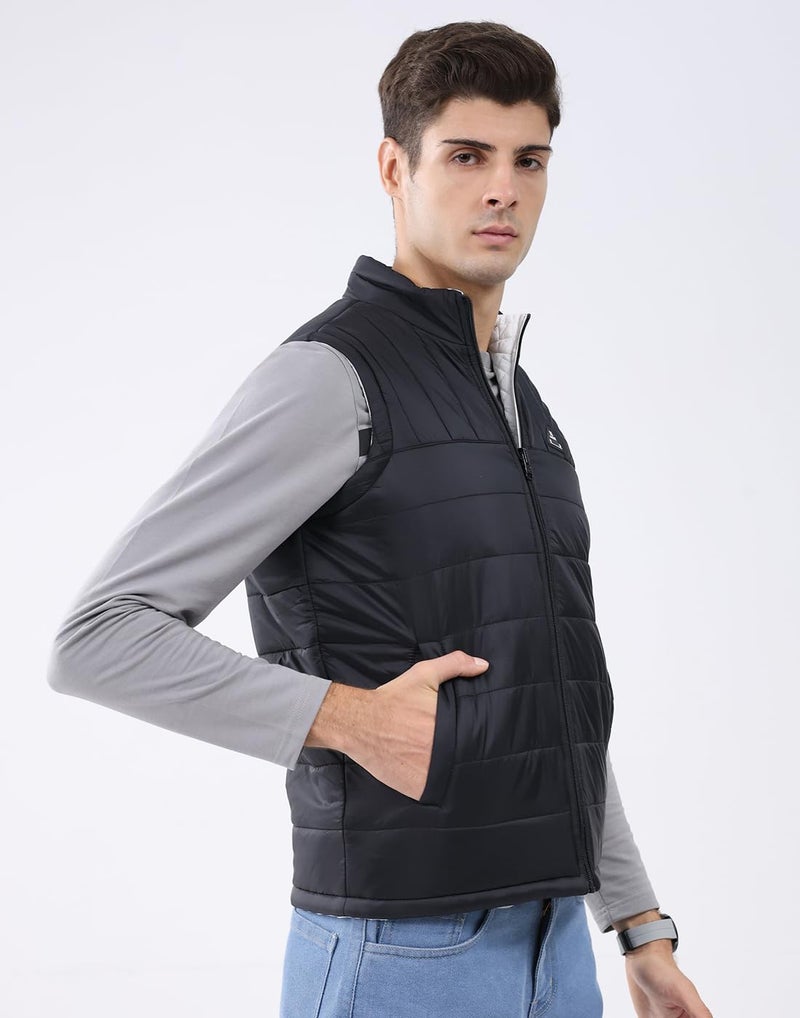 ROCKIT ROCK.IT From House Of Monte Carlo Men's Regular Fit Jacket | Solid Pattern | Zip Closure with Sleeveless Mock Neck | Lightweight Zip Vest for Men Black & White XL (Pack Of 1) - Image 4