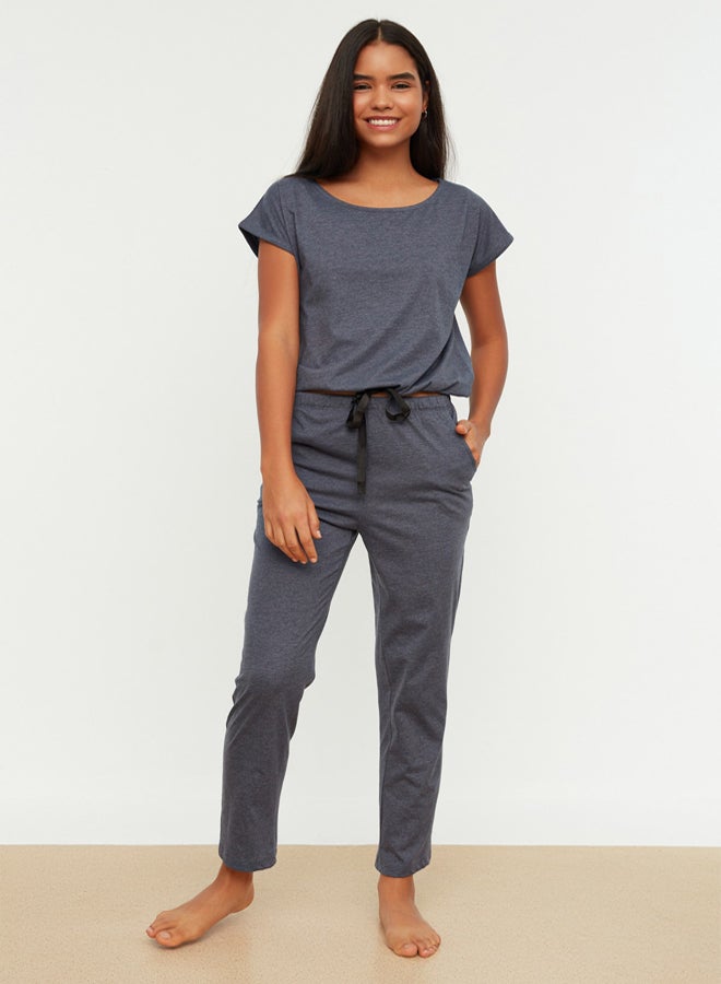 trendyol Navy Blue 100% Cotton Tie Detailed T-shirt-Pants Knitted Pajama Set  - Image 1