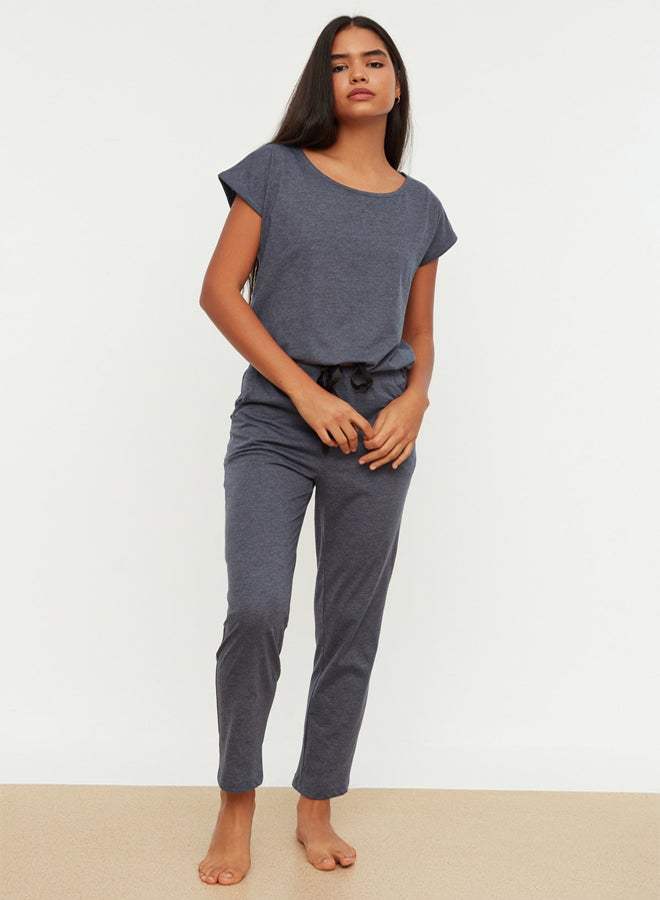 trendyol Navy Blue 100% Cotton Tie Detailed T-shirt-Pants Knitted Pajama Set  - Image 3