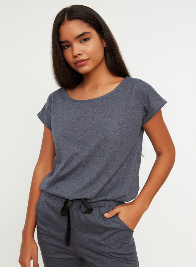 trendyol Navy Blue 100% Cotton Tie Detailed T-shirt-Pants Knitted Pajama Set  - Image 2