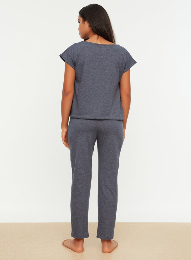 trendyol Navy Blue 100% Cotton Tie Detailed T-shirt-Pants Knitted Pajama Set  - Image 5