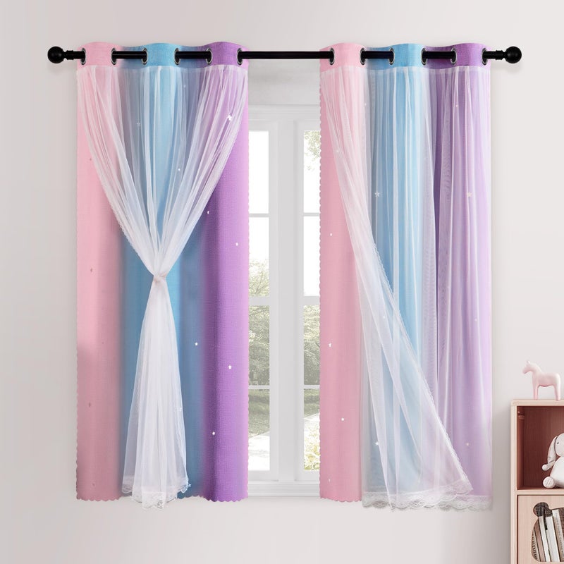 XiDi Kids Curtains 45 Inch Length for Girls Bedroom 2 Panels Blackout Short Curtains for Kids Nursery Room Darkening Window Drape Unicorn Princess Theme Decor Grommet Top Pink/Purple/Blue 42x45 - Image 1