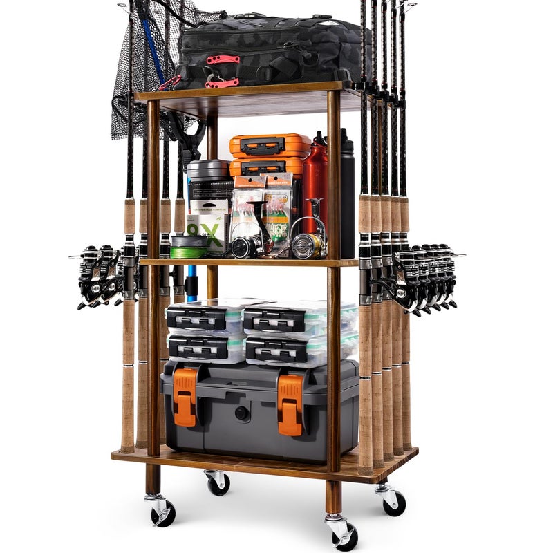 Ghosthorn Fishing Rod Holders for Garage Fishing Pole Rack Hold up to 10 Rods Fishing Pole Holders Wooden Organizer Fishing Rod Rack car Fishing Gear Storage Equipment (Carbonizationï¼Œ3 Tier) - Image 1