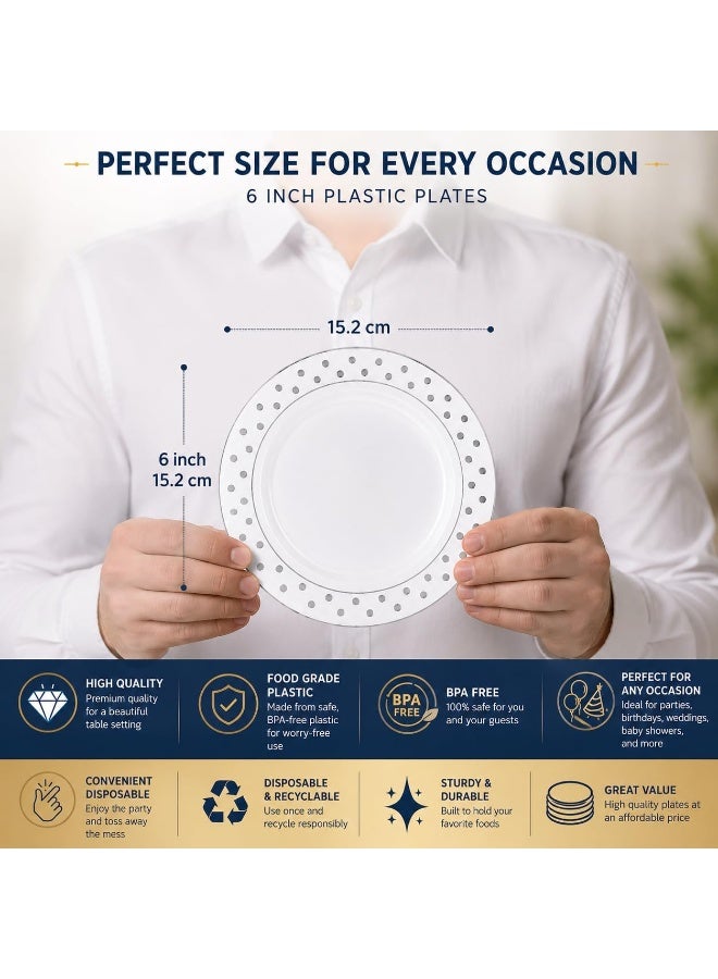 Master Gold White Polka Dot Premium Disposable Serving Plates | Elegant Embossed Plastic Plates for Parties, Weddings, Desserts, Cakes | Practical and Food Grade (6 Inch, 12) - Image 3
