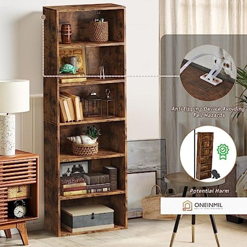 6 Tier Bookshelf and Bookcase Wooden Bookshelves with Cabinet Doors Floor Bookshelves and Office Storage Cabinets for Home Office Living Room Brown - Image 3