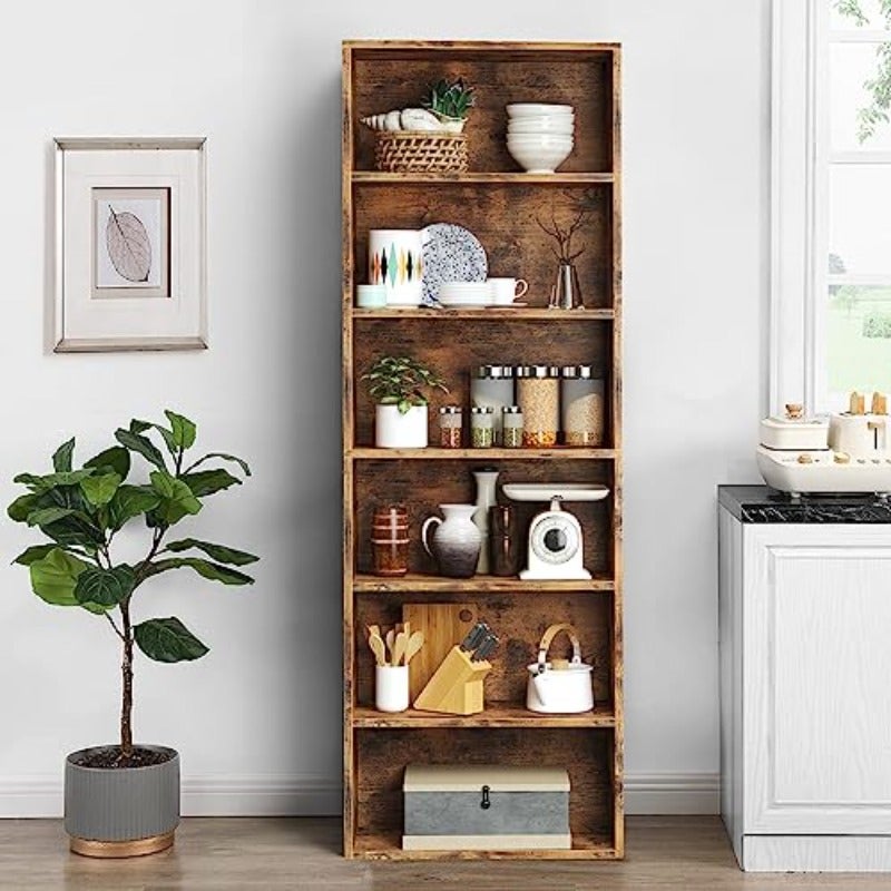 6 Tier Bookshelf and Bookcase Wooden Bookshelves with Cabinet Doors Floor Bookshelves and Office Storage Cabinets for Home Office Living Room Brown - Image 5