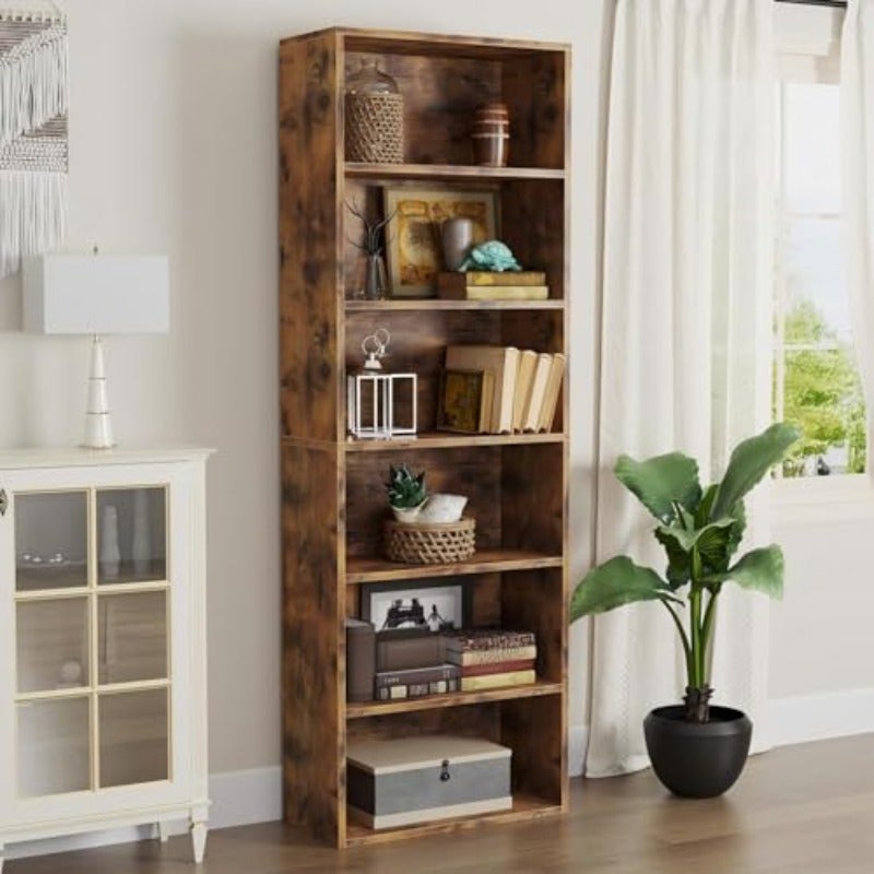 6 Tier Bookshelf and Bookcase Wooden Bookshelves with Cabinet Doors Floor Bookshelves and Office Storage Cabinets for Home Office Living Room Brown - Image 1