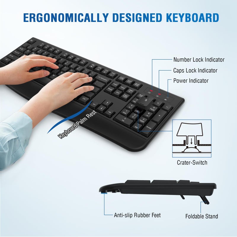 QUASIO Wireless Keyboard and Mouse Combo, Full-Sized 2.4GHz Wireless Keyboard with Comfortable Palm Rest and Optical Wireless Mouse for Windows, Mac OS PC/Desktops/Computer/Laptops (Black) - Image 4
