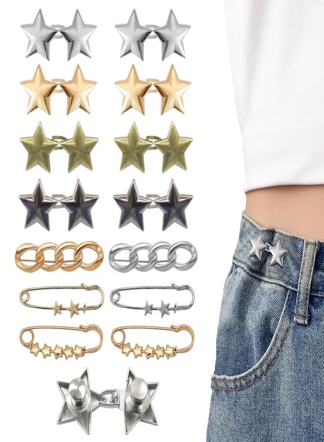 Frutain 14 Set Pant Waist Tightener Star Buttons Pins for Loose Jeans Reusable Waist Cincher Clip Metal Star Brooch for Clothing Dresses Skirts No Sewing Decoration Accessories - Image 1