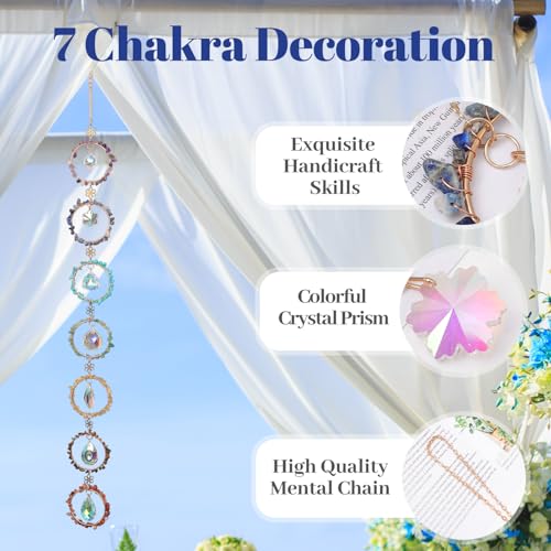 Dreamocean Chakra Crystal Suncatcher Hanging Ornament，Chakra Hanging Crystals for Window Sun Catcher Gemstone Window Wall Hanging Ornaments for Home Decor Yoga Meditation(Colorful Circle+Crystal) - Image 4