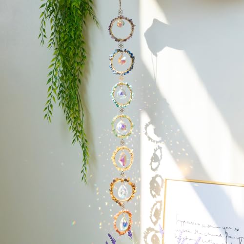 Dreamocean Chakra Crystal Suncatcher Hanging Ornament，Chakra Hanging Crystals for Window Sun Catcher Gemstone Window Wall Hanging Ornaments for Home Decor Yoga Meditation(Colorful Circle+Crystal) - Image 3