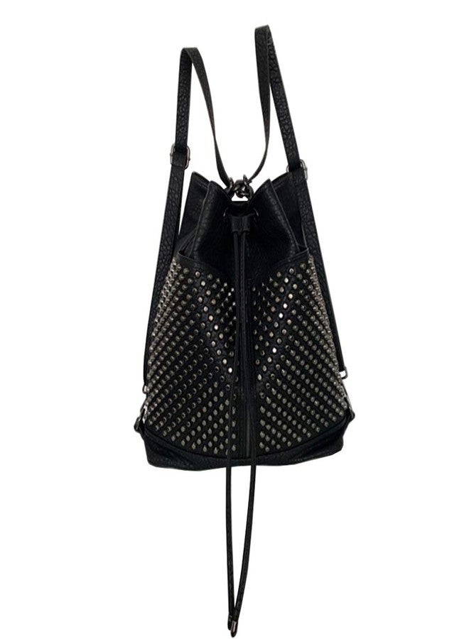 Chikencall Over-size Studded Bucket Bag for Women,3 Ways Multifunction Backpack Vegan Leather Punk Rock Rivet Large Shoulder Bag Crossbody Bag Black - Image 2