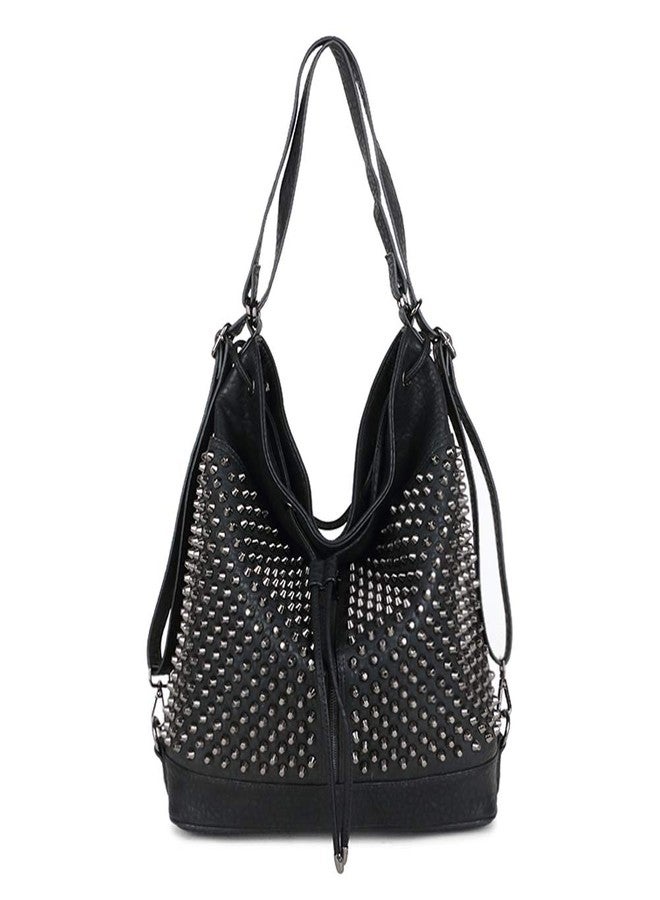 Chikencall Over-size Studded Bucket Bag for Women,3 Ways Multifunction Backpack Vegan Leather Punk Rock Rivet Large Shoulder Bag Crossbody Bag Black - Image 1