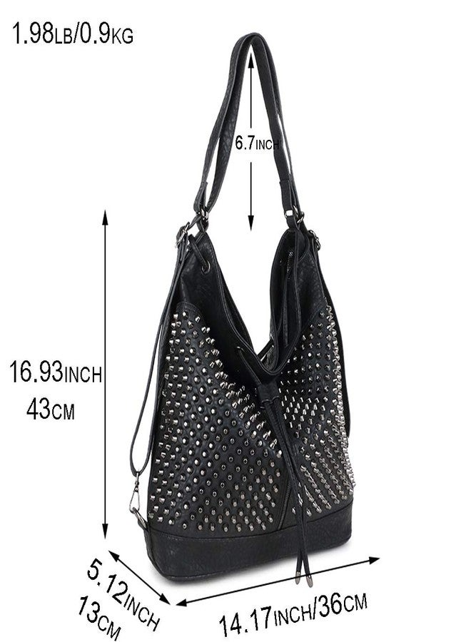 Chikencall Over-size Studded Bucket Bag for Women,3 Ways Multifunction Backpack Vegan Leather Punk Rock Rivet Large Shoulder Bag Crossbody Bag Black - Image 4
