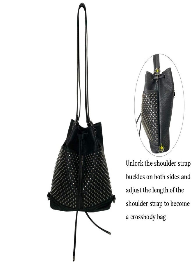Chikencall Over-size Studded Bucket Bag for Women,3 Ways Multifunction Backpack Vegan Leather Punk Rock Rivet Large Shoulder Bag Crossbody Bag Black - Image 3