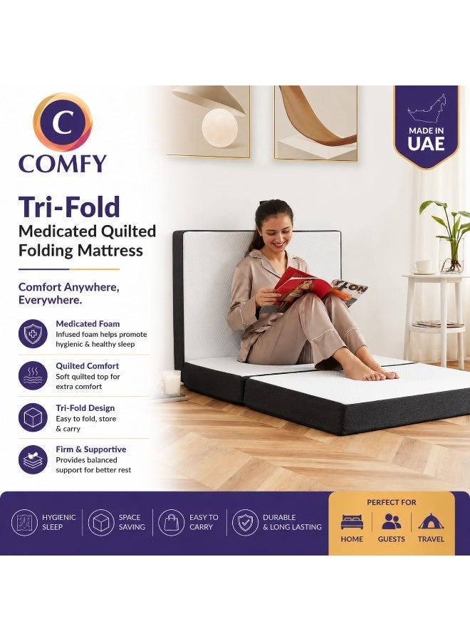 COMFY WHITE TRI FOLD PORTABLE MEDICATED MATTRESS WITH BLACK BORDER 180 X 90 X 7 CM - Image 1