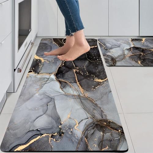 DAILY ART Dailyart Rubber Rectangular Kitchen Mats for Floor Set of 2 Pcs | Non-Skid, Soft Absorbent Rugs for Kitchen Floor, Laundry, and Hallway | 120x40cm, 40x60cm | (Marbel and Gray) - Image 1
