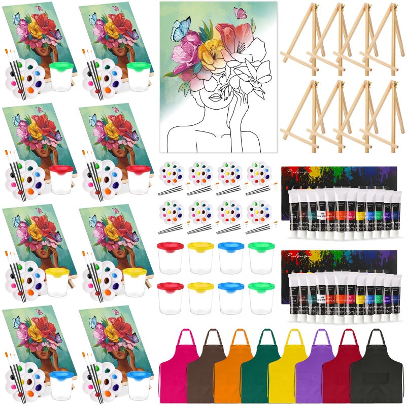 Cholemy 8 Set Paint and Sip Kit for Adults 8'' x 10'' Pre Drawn Canvas with Wooden Easels Acrylic Paint Brushes Wash Cup Palette Apron for Painting DIY Date Night Party Supplies(Flower Lady) - Image 1