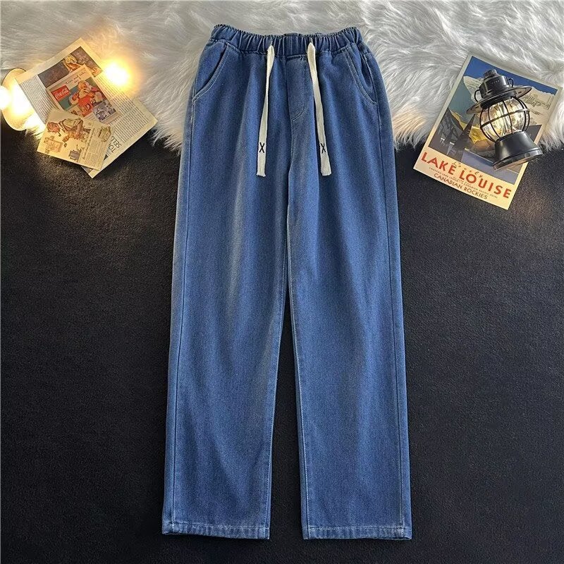 Elastic Waist Straight Jeans Narrow Wide-Leg Pants Solid Color Trendy Loose Versatile Straight Pants - Image 1