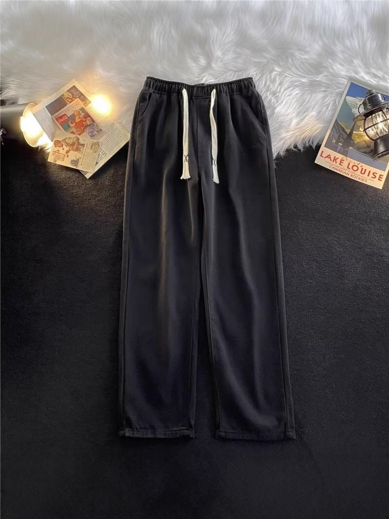 Elastic Waist Straight Jeans Narrow Wide-Leg Pants Solid Color Trendy Loose Versatile Straight Pants - Image 5