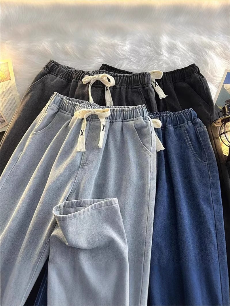 Elastic Waist Straight Jeans Narrow Wide-Leg Pants Solid Color Trendy Loose Versatile Straight Pants - Image 2