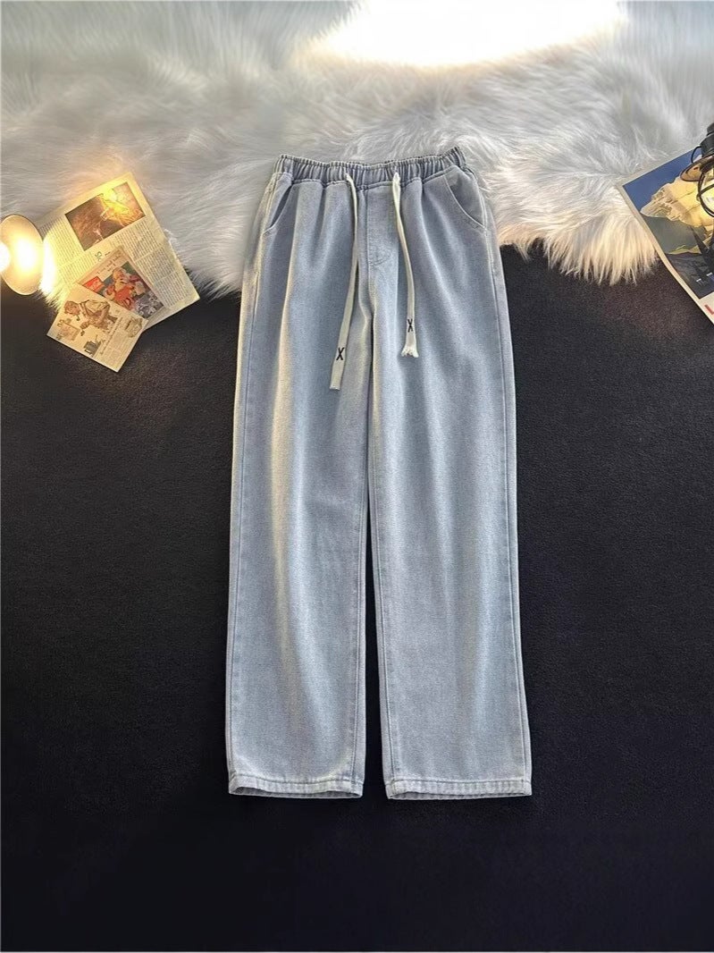 Elastic Waist Straight Jeans Narrow Wide-Leg Pants Solid Color Trendy Loose Versatile Straight Pants - Image 3