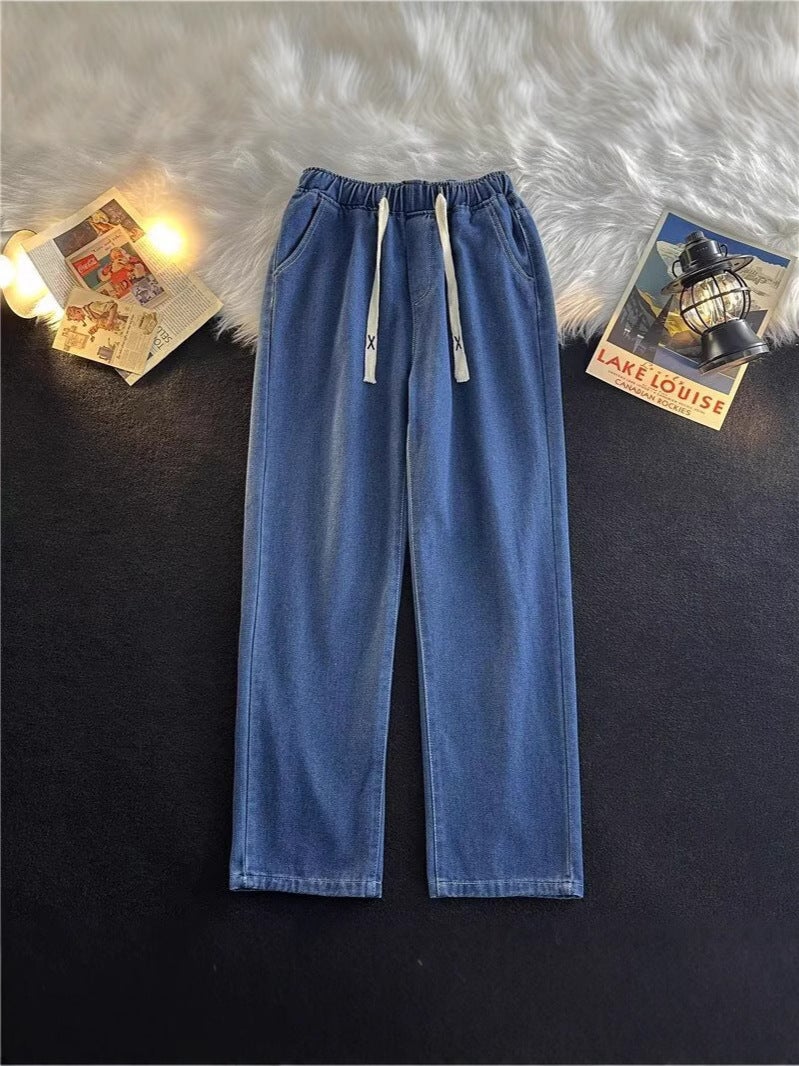 Elastic Waist Straight Jeans Narrow Wide-Leg Pants Solid Color Trendy Loose Versatile Straight Pants - Image 4