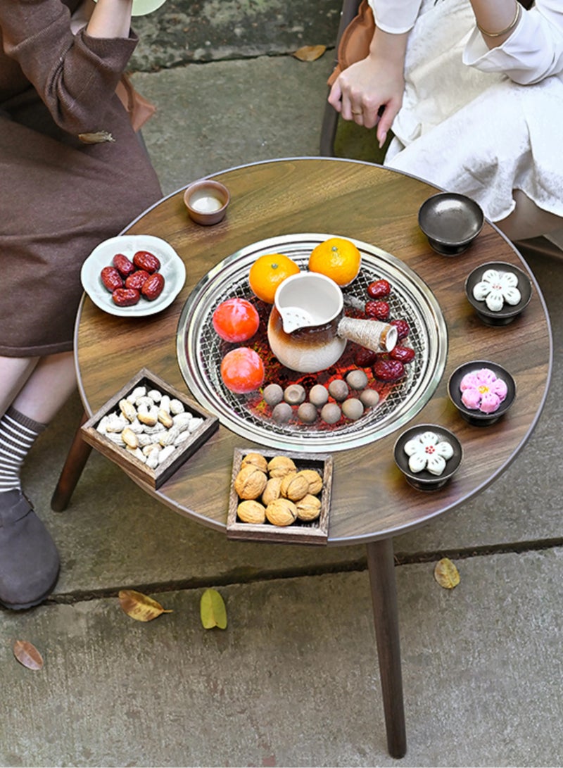 بورودو طاولة تخييم مستديرة متعددة الأغراض مع مقلاة شواء وشبكة شواء / لوح MDF / خشب البتولا / مادة الفولاذ المقاوم للصدأ / سعة وزن 50 كجم - بني - Image 3