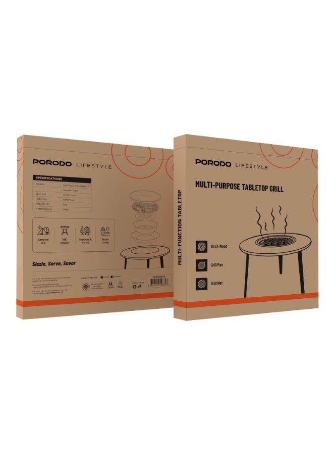 بورودو طاولة تخييم مستديرة متعددة الأغراض مع مقلاة شواء وشبكة شواء / لوح MDF / خشب البتولا / مادة الفولاذ المقاوم للصدأ / سعة وزن 50 كجم - بني - Image 4