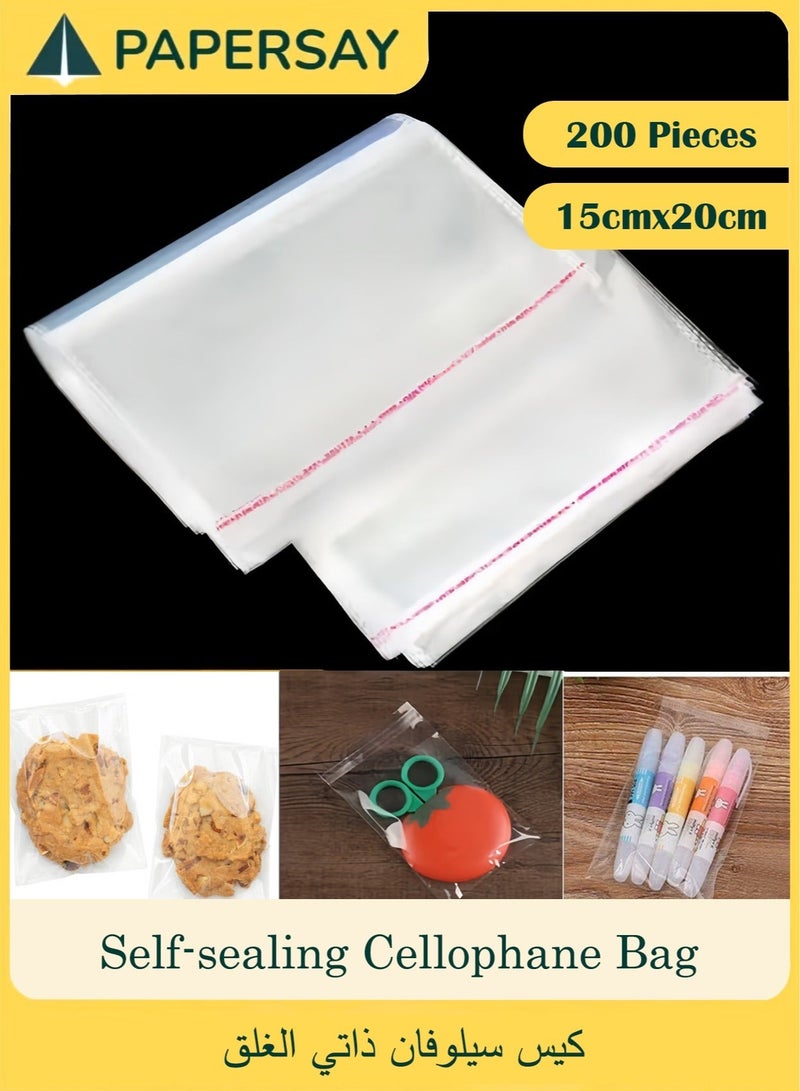 PAPERSAY 200 Pieces Transparent Self-sealing Cellophane Bag,15cmx20cm, Biscuit Packaging Bags, Resealable Cellophane Bags For Packaging Biscuits, Gifts,Favours, Candies, Stationery, all Kinds of Daily Necessities - Image 1