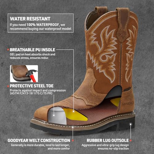 HISEA NINGO Steel Toe Work Boots for Men, Waterproof Slip on Square Toe Western Cowboy Boots, Comfortable Pull on Safety Work Shoes for Construction Industrial Working Welding Riding, Brown - Image 3