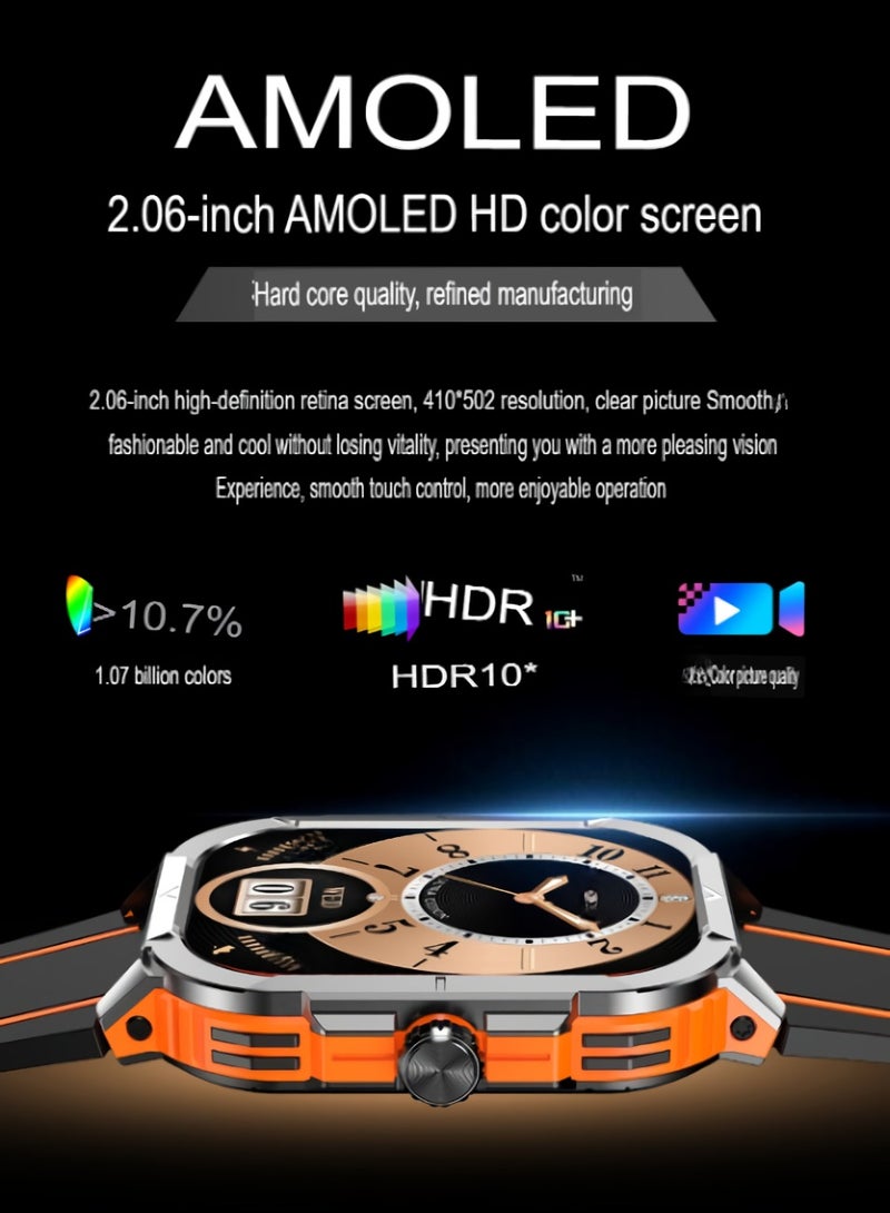 HK56 Bluetooth Call Outdoor Smart Watch, 2.06 Inch Amoled Screen Sports Watch, Waterproof Lightweight Fitness Tracker With Blood Oxygen Monitoring, (1pc, Black And Orange) - Image 3