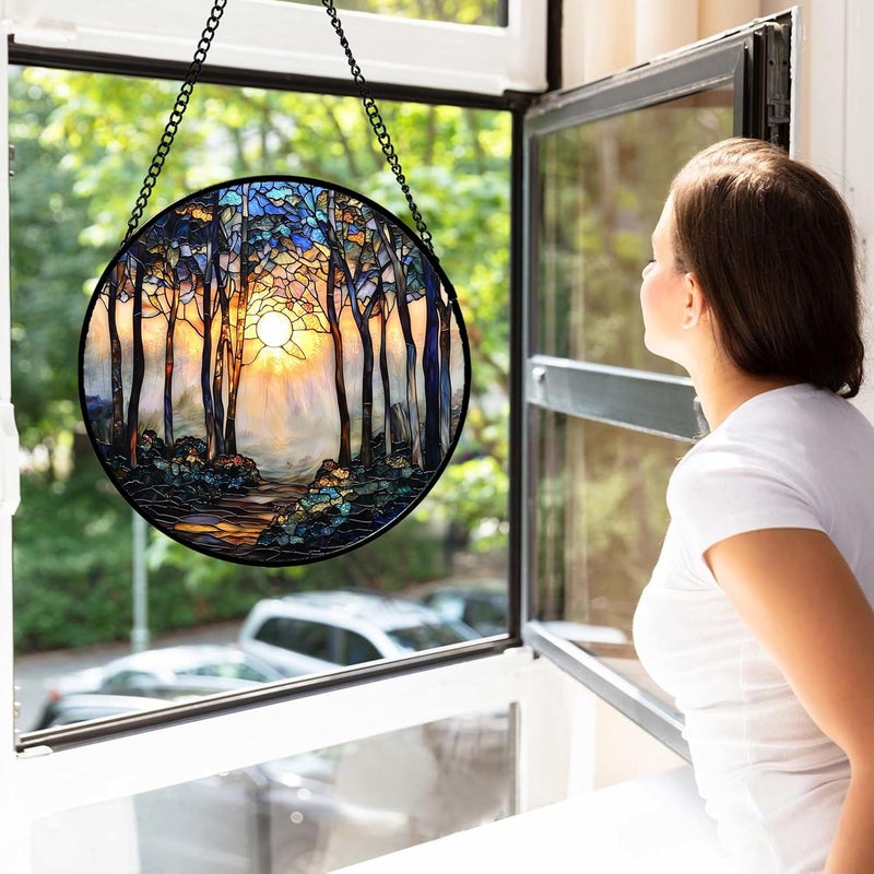 DASTOLL Stained Glass Window Hanging, Forest Sunrise Smoke Blue Brown Tree Suncatcher for Doors Window Home Landscape Sun Catchers Decor Mother's Day Birthday Gifts for Women, Men Mom 7.8 in - Image 4